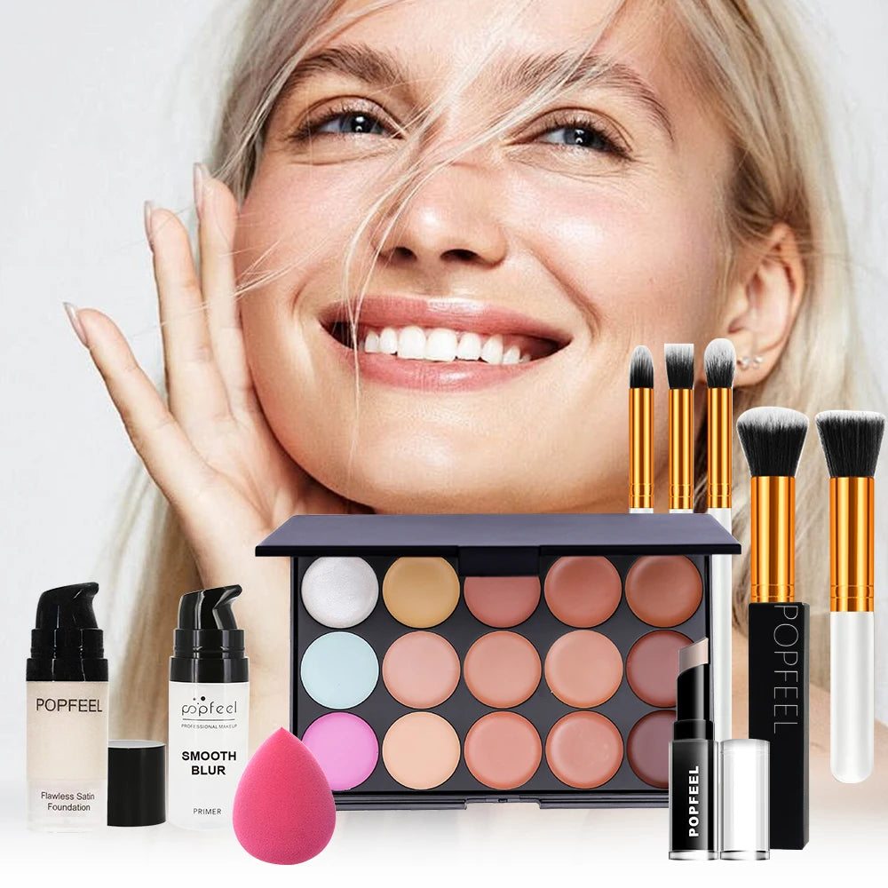 POPFEEL 10-Piece Face Makeup Set - Beginner-Friendly Foundation, Concealer & Brush Combo - Complete Face Makeup Kit for Flawless