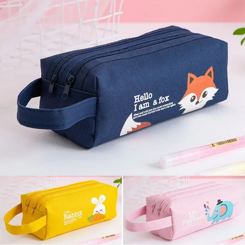 Portable Canvas Pencil Case School Supplies Storage Bag Double Layer Pencil Bag Student Pen Bag Cute Pen Case Kid Stationery Bag