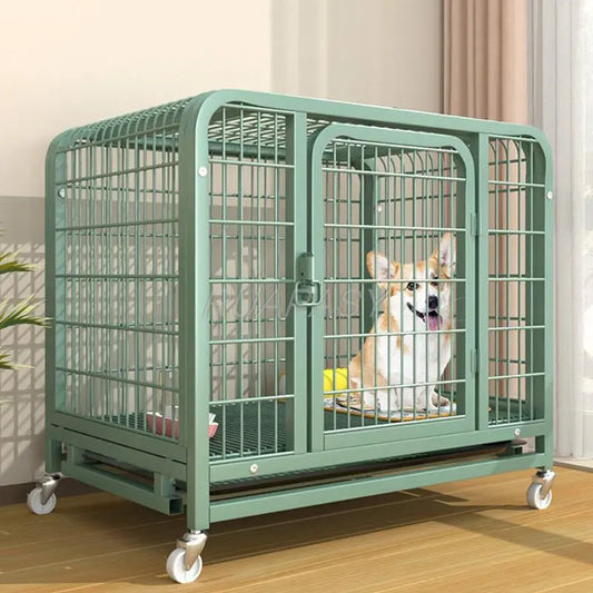 Metal Dog Crate Folding Dog Cages with Leak-Proof Pan Removable Tray Floor Protecting Wheel Movable Dog Crate Furniture Indoor