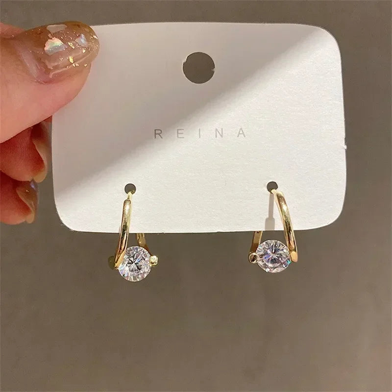 2024 New Fashion Gold Color Round Zircon Simple Drop Dangle Earrings for Women Charm Korean Hoop Jewelry Wedding Birthday Gift