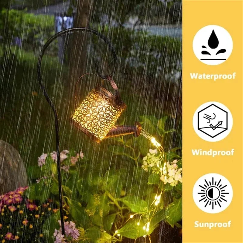 Hollow Wrought Iron Star Shower Lamp Solar Watering Can Fairy Light Garden Decoration Shower& Light Lawn Courtyard Decorations