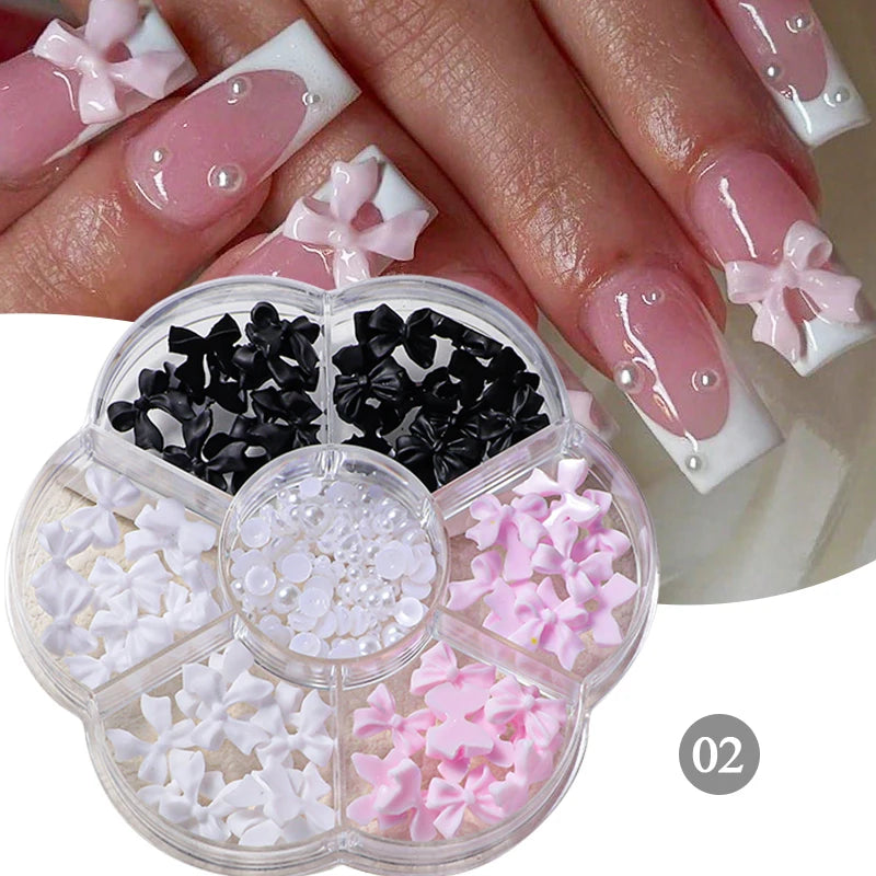 Mixed Acrylic Bowknot 3D Nail Art Decorations Flower Resin Charms Gold Beads Caviar Pearl Mixed Rhinestones Accessories Boxed