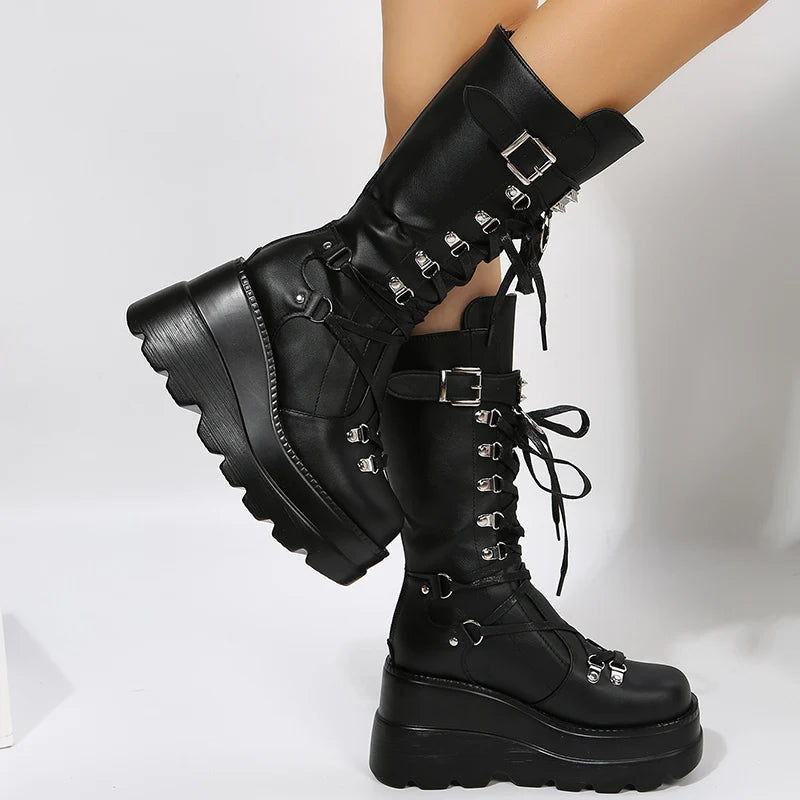 Women's Goth Platform Motorcycle Boots Punk Rivet Buckle Strap Combat Booties for Women Thick Bottom Wedge Heels Mid Calf Boots