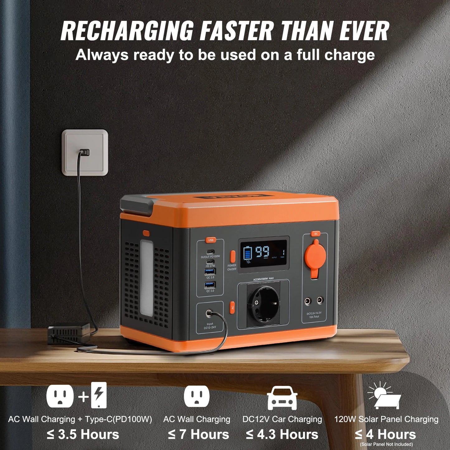 VEVOR Portable Power Station Solar Generator 296Wh 300W Pure Sine Wave Lithium Battery for Outdoors Camping Emergency Charging