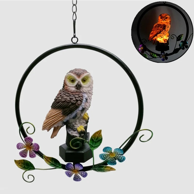 Solar Owl LED Light for Outdoor Garden, Waterproof LED Lamp, Hanging Swing, Resin Night Light, Balcony Decoration