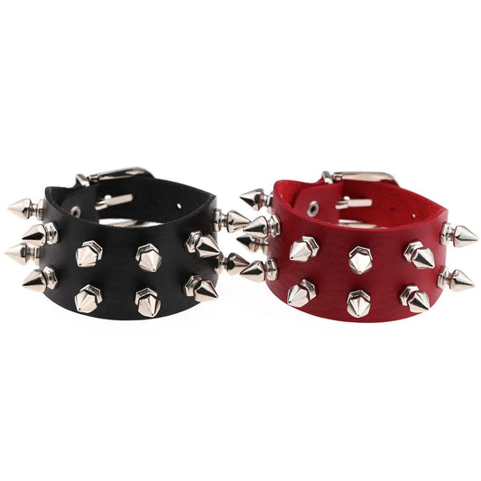 Punk Rock Gothic Black Red Pu Leather Jewelry Two Row Spike Rivet Stud Wide Cuff Bracelets For Women Men Pulsera Hombre