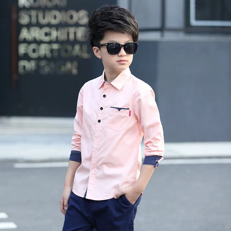 Kids Clothes Spring Autumn Boys Cotton Blouses Kids Boys Long Sleeve Shirt Children Fashion Shirt 5-15 Years Turn-down Collar