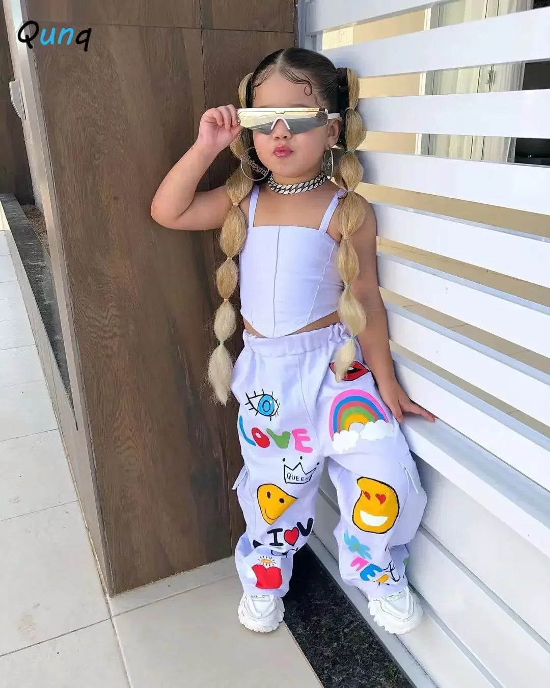 Qunq 2023 Autumn New Girls Fashion Solid Halter Irregular Top + Cartoon Print Pants 2 Pieces Set Casual Kids Clothes Age 3T-8T