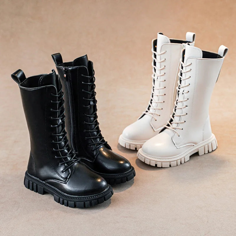 Autumn/Winter ZIP Fashion Cool Baby Girls Warm Square Heel Round Toe Casual Lace-Up Comfortable Kids Black Mid Boots