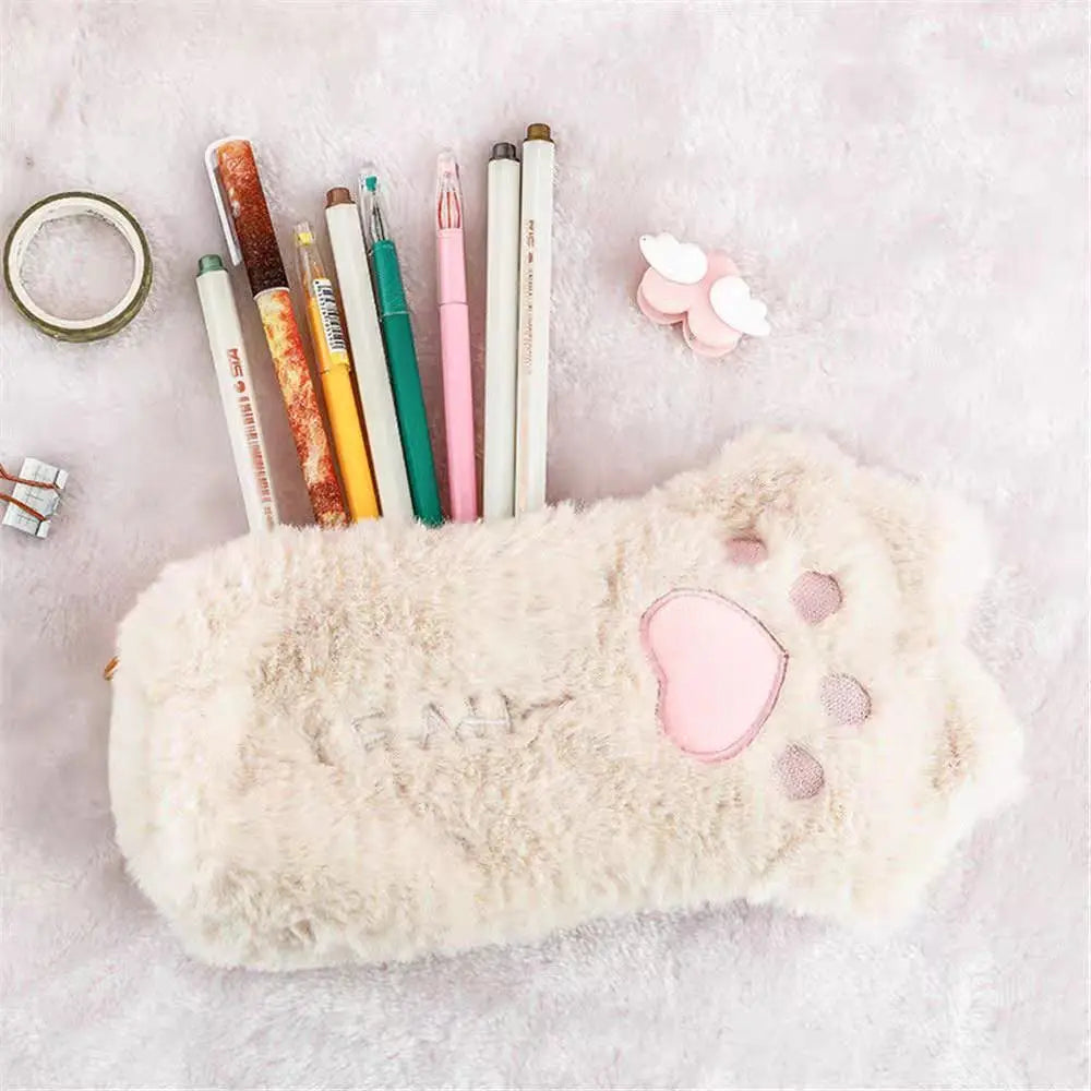 1Pcs Cute Fluffy Cat Paw Pencil Bags Cartoon Plush Pen Case School Office Supplies Stationery Makeup Pouch Cosmetics Holder Gift