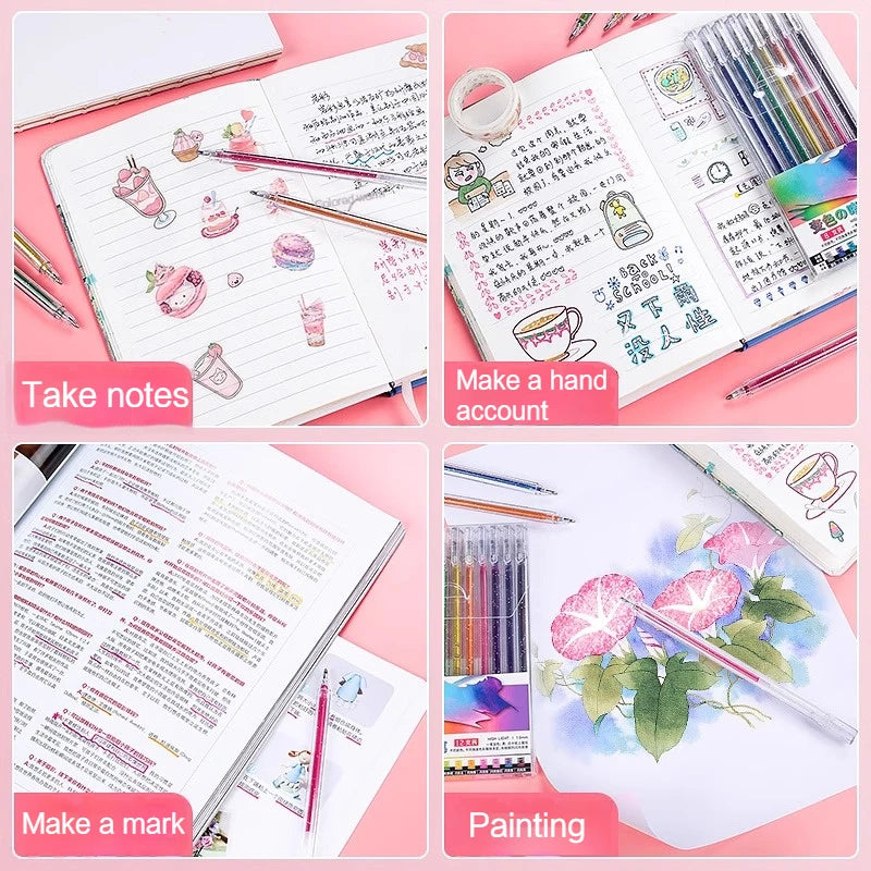 8/12/18PCS Glitter Gel Pen Set Quick Dry Children Adult Coloring Journaling Art Drawing Kawaii School Supplies Glitter Ink Pens