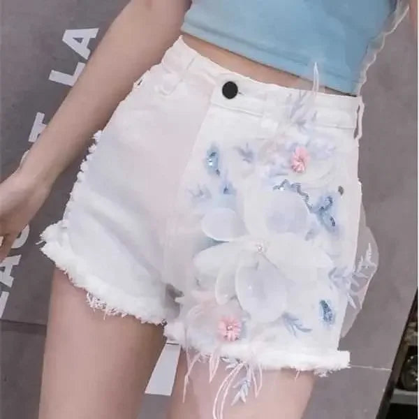 Denim Shorts for Women High Waist Flowers Short Jean Pants Woman To Wear 2000s Clothes Y2k 2025 Classic Casual Fashion Clothing