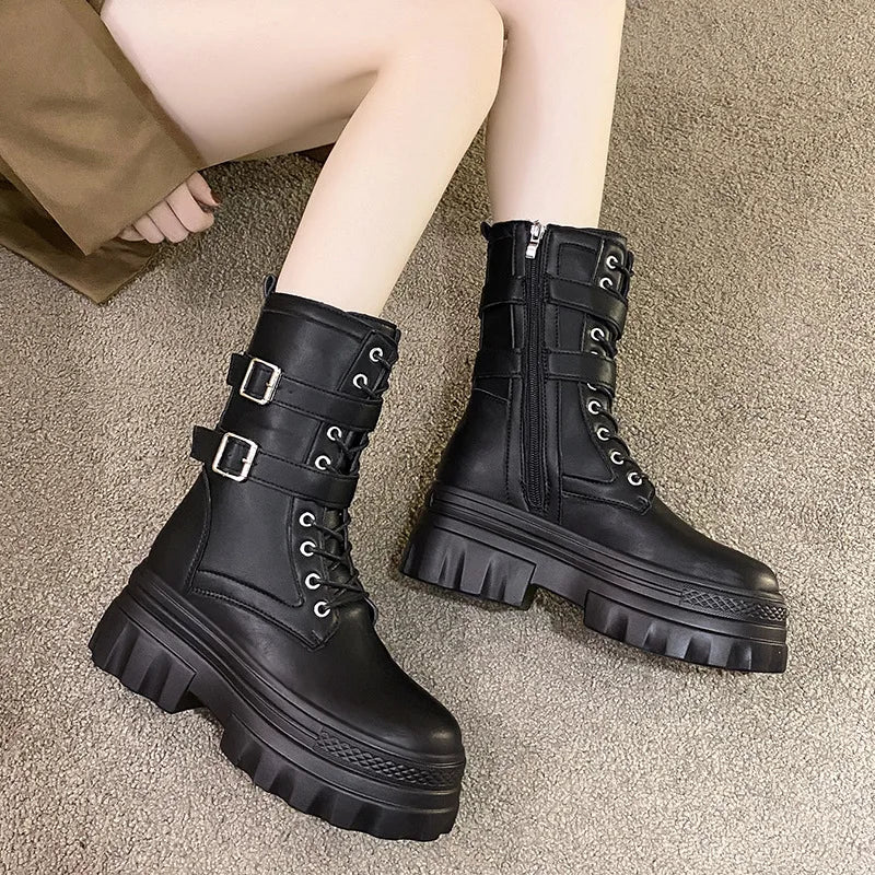 WOMEN ANKLE BOOTS Goth Boots Woman Winter 2023 Platform Shoes Sneakers Studded Belt Buckle Punk Army Chunky Heels Mid Calf Boots