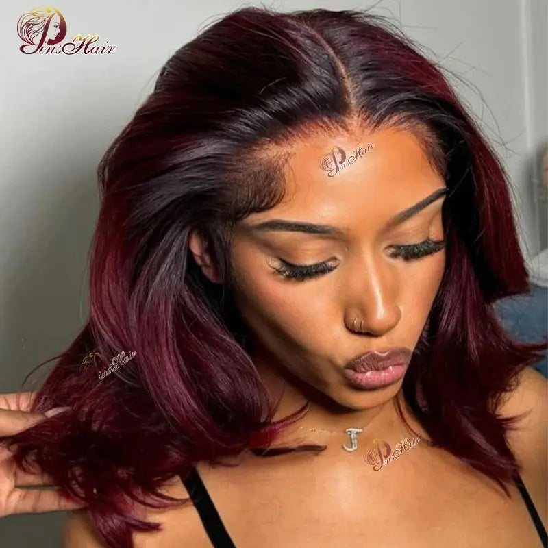 T1B Burgundy Short Ombre Loose Wave Hair Wig 4x4 Lace Frontal Wig For Black Women 99J Human Hair With Baby Hair Lace Closure Wig