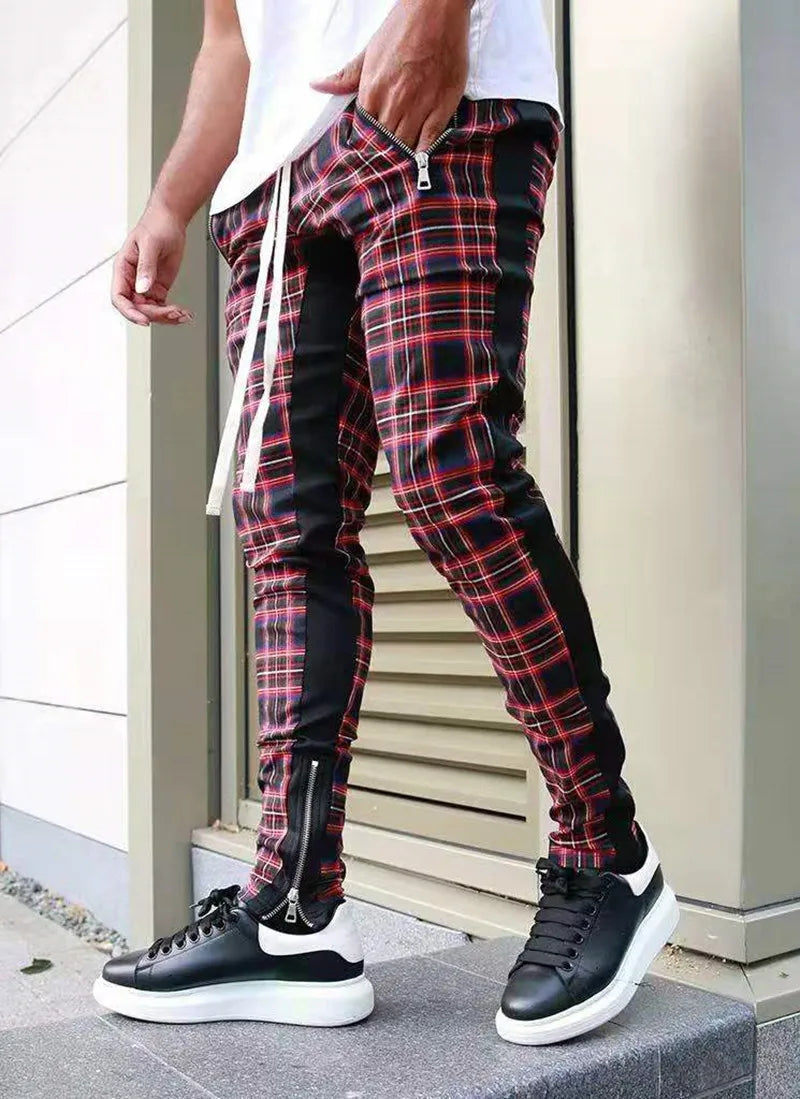 2024 Spring and Autumn hip hop pants Scottish lattice zipper slim pants men's casual pants elastic waist sports hipster men
