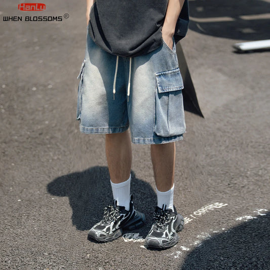 2024 Summer New Men's Cargo Jean Shorts Korean Street fashion large pocket Denim Shorts Knee Length Wide Leg Shorts Y2K Clothing