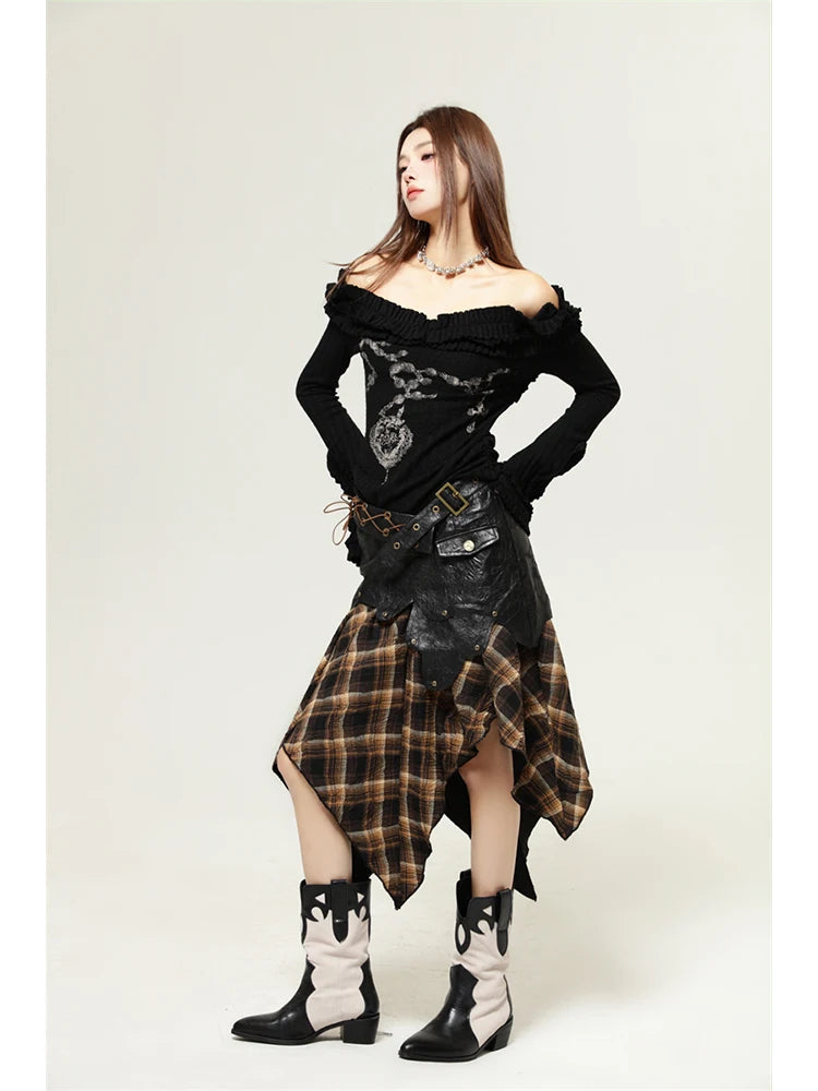 Women's Patchwork Leather Plaid Skirt Harajuku Y2k Vintage Skirts 90s Aesthetic Fashion A-Line Skirt Emo 2000s Punk Goth Clothes