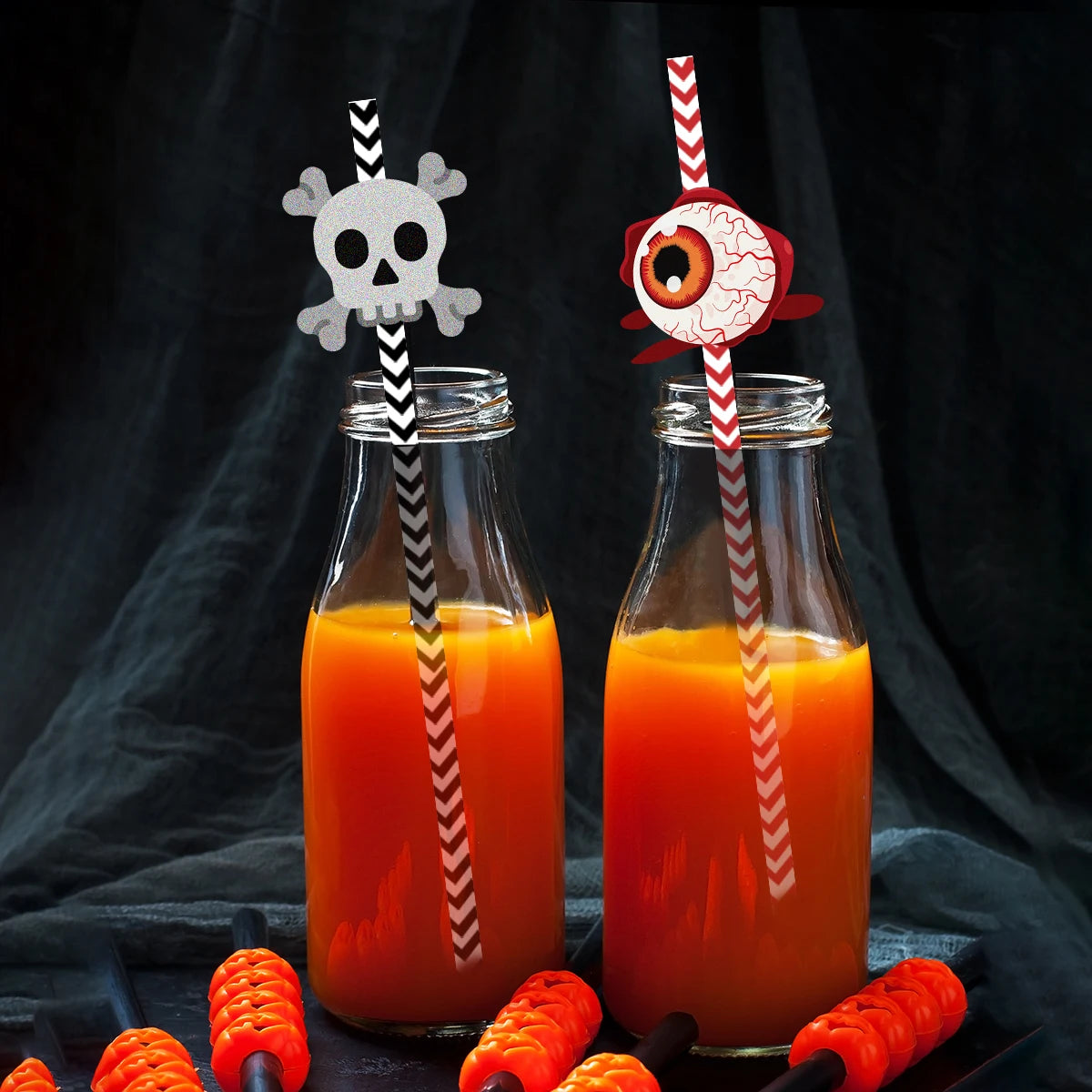 24pcs Halloween Disposable Straws with Spider Eyeball Pumpkin Ghost Pattern Halloween Party Table Decoration Supplies