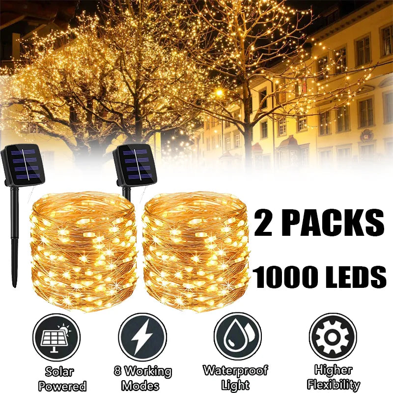 1000 LEDs Outdoor Solar String Light 102m/52M/32m/12m/7m 8 Mode Solar Fairy Holiday Christmas Party Garland Garden Wire Lamp