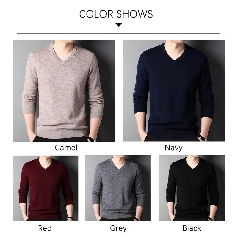 TFETTERS Spring Autumn Fashion Pullovers Men V Neck Long Sleeved Stretch Khaki Sweaters Men Business Classics Knit Top Men