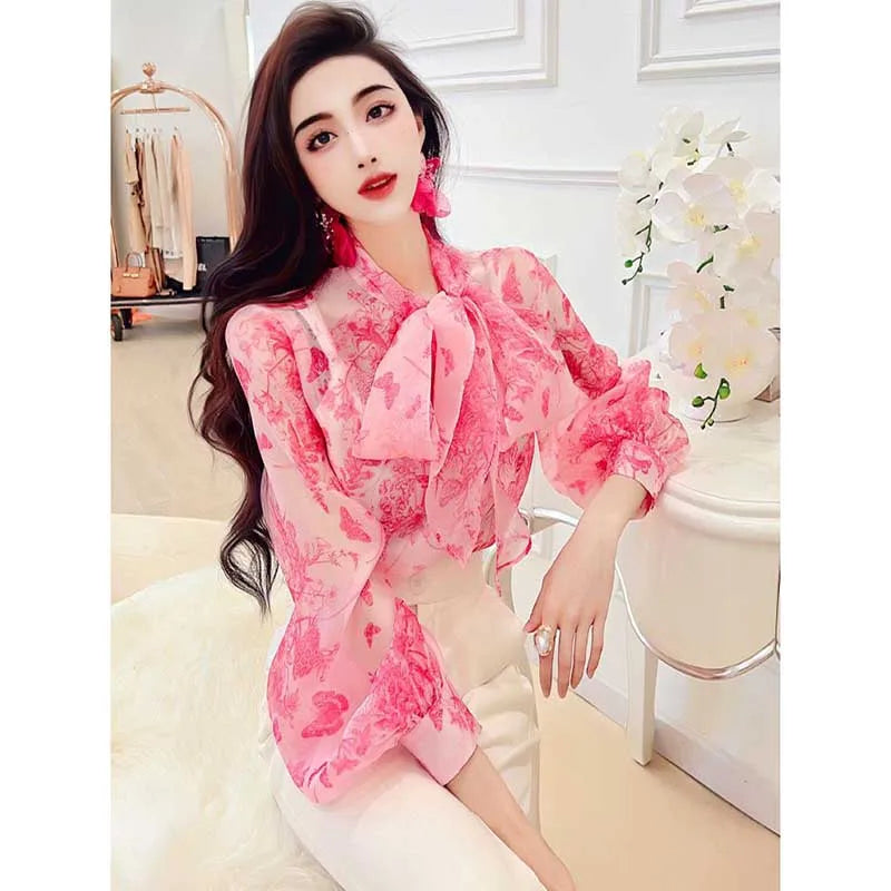 Elegant V-Neck Lantern Sleeve Lace Up Bow Blouses Women's Clothing 2024 Spring Summer New Loose Korean Tops Office Lady Shirts