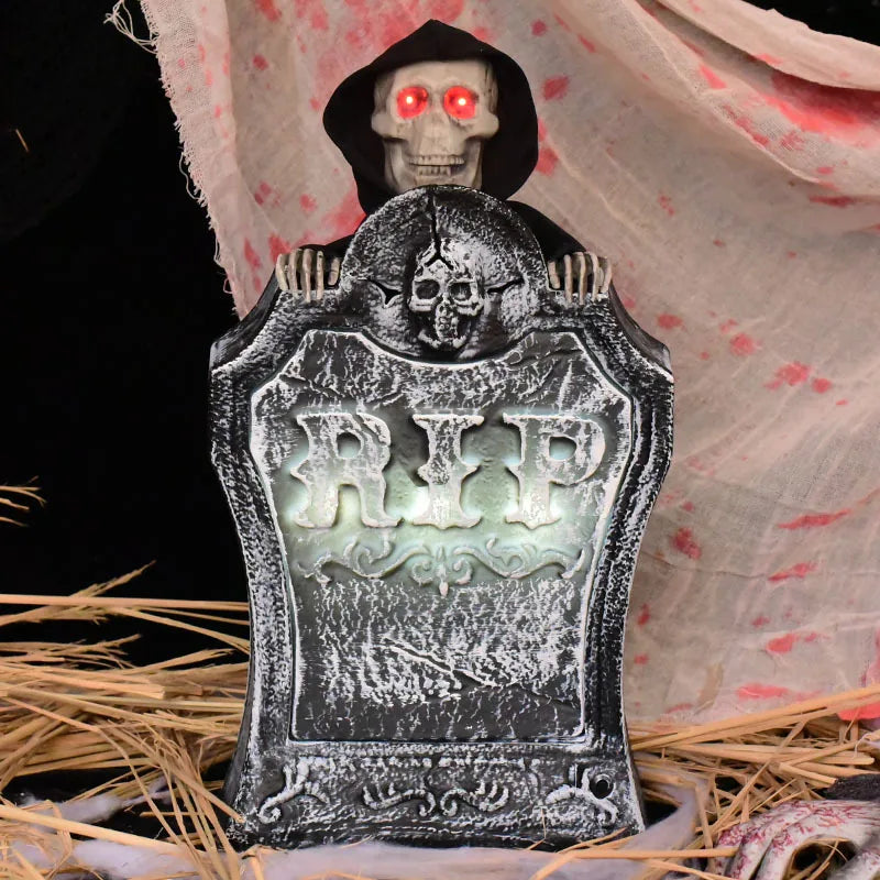 Halloween Tombstone Electric Movable Skull Tombstone with Flashing Lights Creepy Sound Halloween Outdoor Garden Lawn Decoration