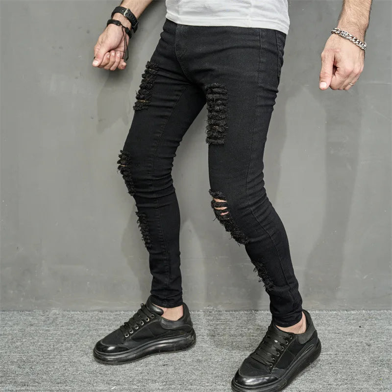 Men Jeans Ankle Length Hole Vintage Ripped Pencil Pants Denim Skinny Pockets Distressed Slim Moto Biker Solid Washed 2024