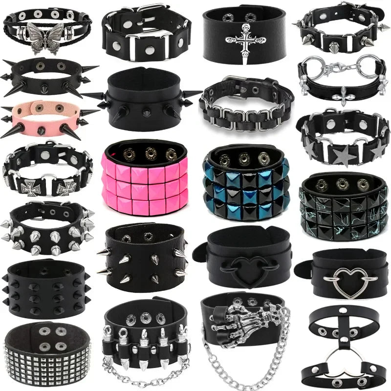 Hip Hop Rock PU Leather Bracelet Men and Women Punk Spikes Rivets Skull Heart Cross Creative Party Bracelet Jewelry Accessories