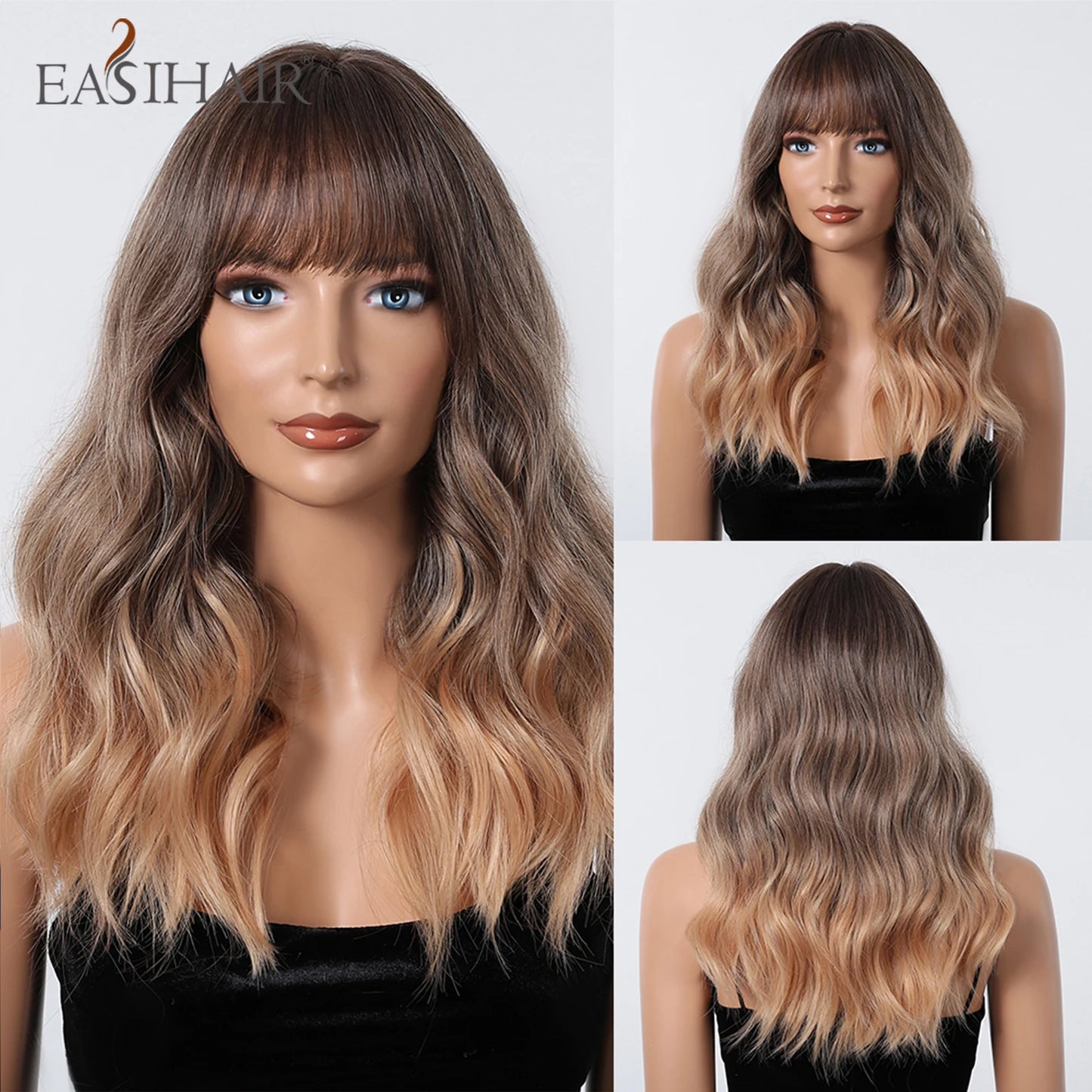 EASIHAIR Long Wavy Brown Synthetic Wigs for Women Dark Brown Wigs With Side Bangs Natural Hair for Daily Use Heat Resistant Wig