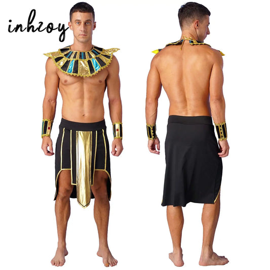 Mens Ancient Egyptian Pharaoh King Cosplay Costume Halloween Fancy Dress Skirt with Cuffs Collar Outfit for Theme Party/Stage