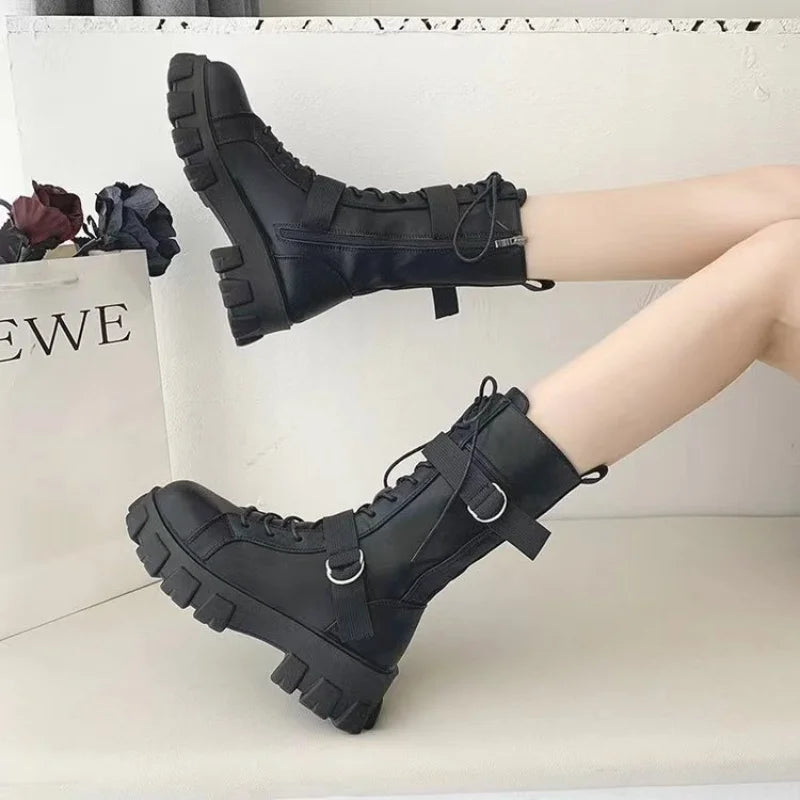 Woman Boots 2024 New Lace-Up Platform Shoes Elegant Trend Punk Gothic Rock Leather Fashion Motorcycle Women's Shoes Plus size 43