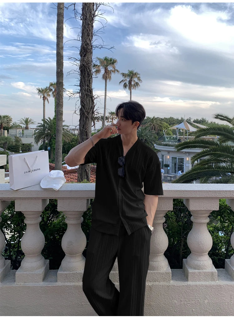 Summer Men's Loose Ice Silk Suits Fashion Casual V-neck Short Sleeve T-shirt And Pants Drape Two-piece Sets Men Clothes