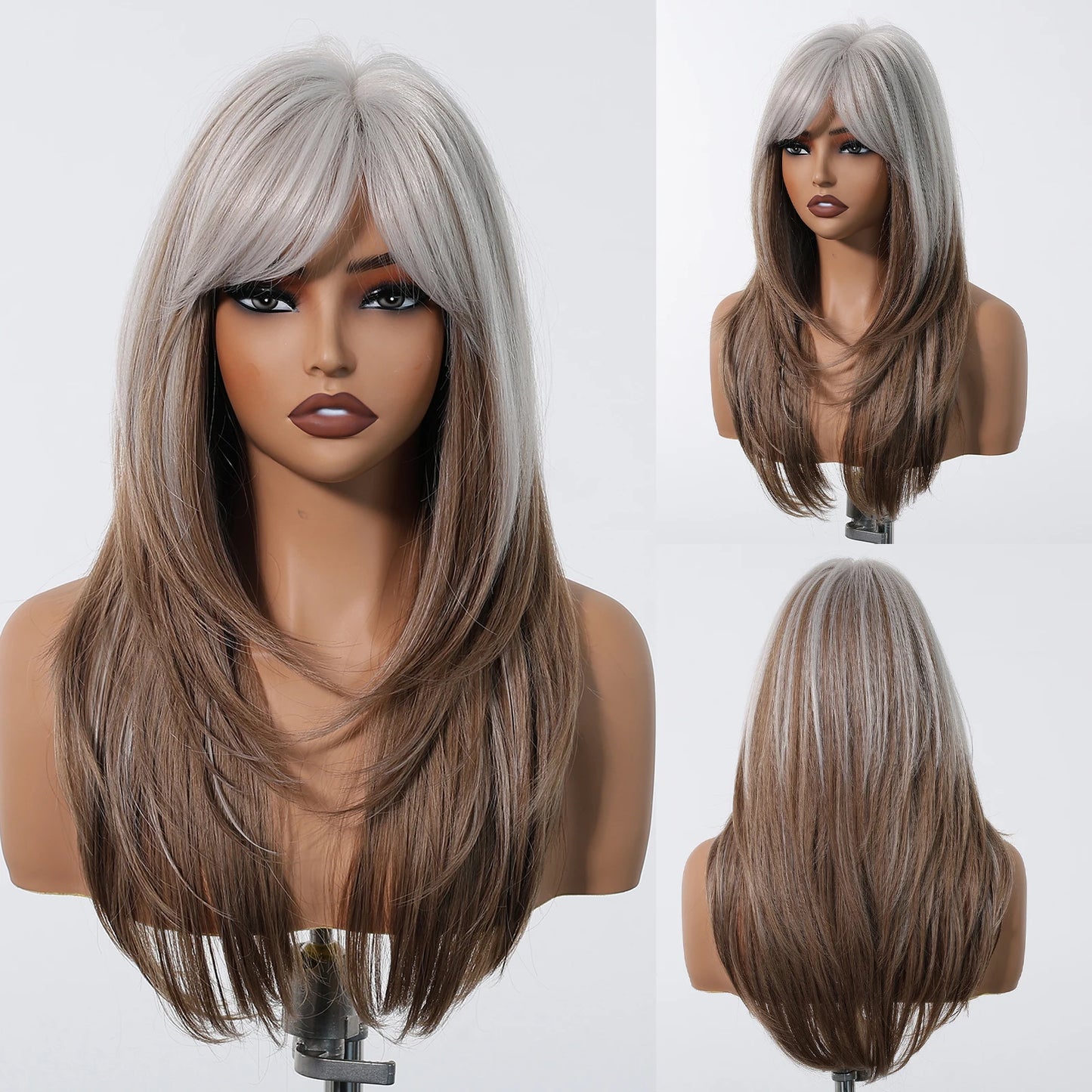 Long Ombre White Blue Synthetic Wigs with Bangs Blue Straight Colorful Cosplay Lolita Wig for Women Heat Resistant Natural Hair