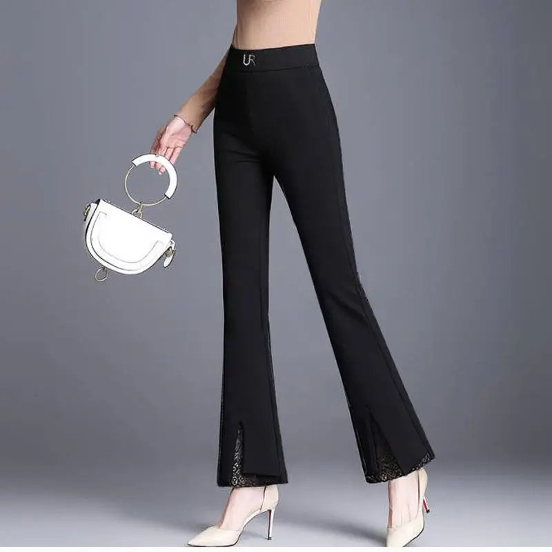 Flare Ladies Lace Patchwork High Waist Spring Autumn New Elasticity Black Trousers Women Clothing Fashion Solid Color Slim Pants