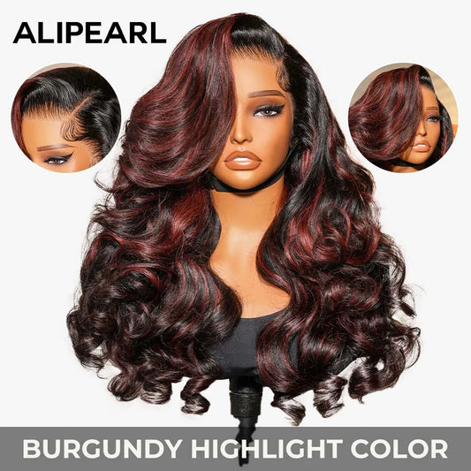 AliPearl Hair Burgundy Red Highlight Color Wig Customized Wave 5×7 Lace Closure & 13×4 Lace Frontal Wig Pre Cut Lace Pre Plucked