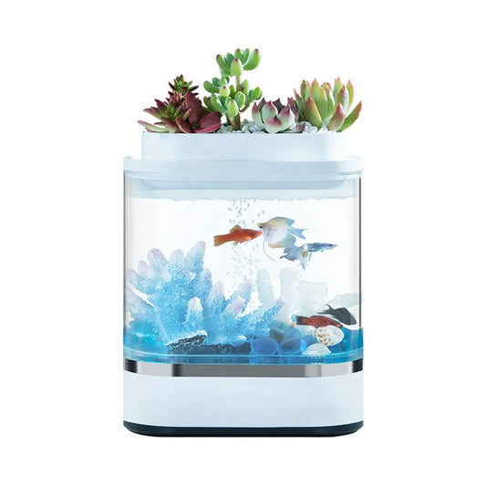 Geometry Mini Lazy Fish Tank Aquarium Starter Kit Aquarium Desktop USB Charging with 7 Colors LED Light for Betta Fish