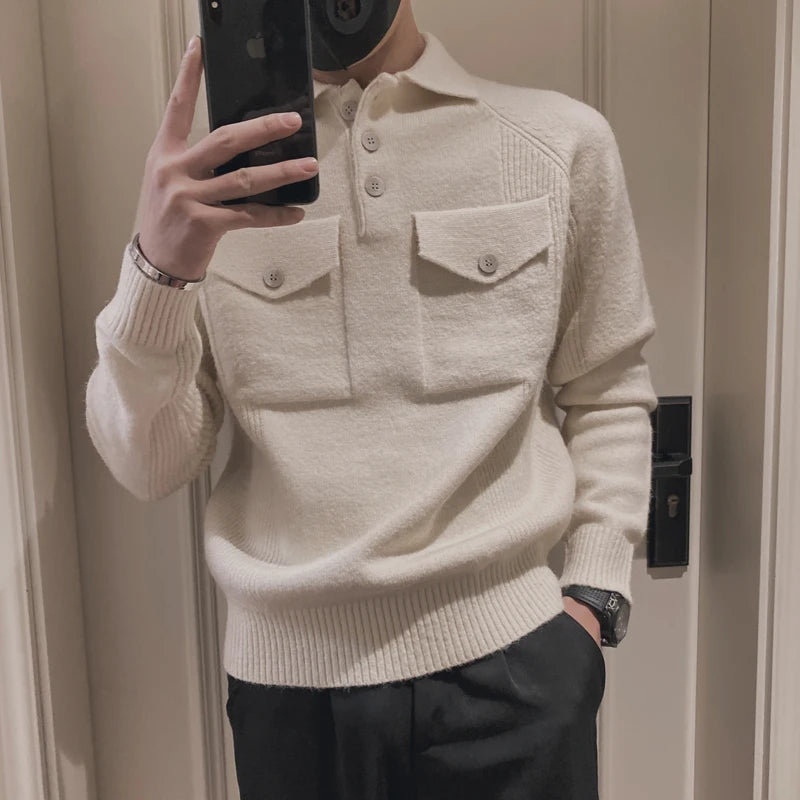 2023 Brand Clothing Men Winter High Quality Slim Fit Thermal Knitted Sweater/Male Fashion Leisure Set Head Sweaters S-3XL Beige