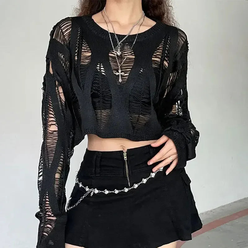 Perforated Hollow Out Knitted Blouse Sunscreen Long Sleeve Top Gothic Dark Black Sexy Thin Sweater Women's Summer Chic Crop Tops