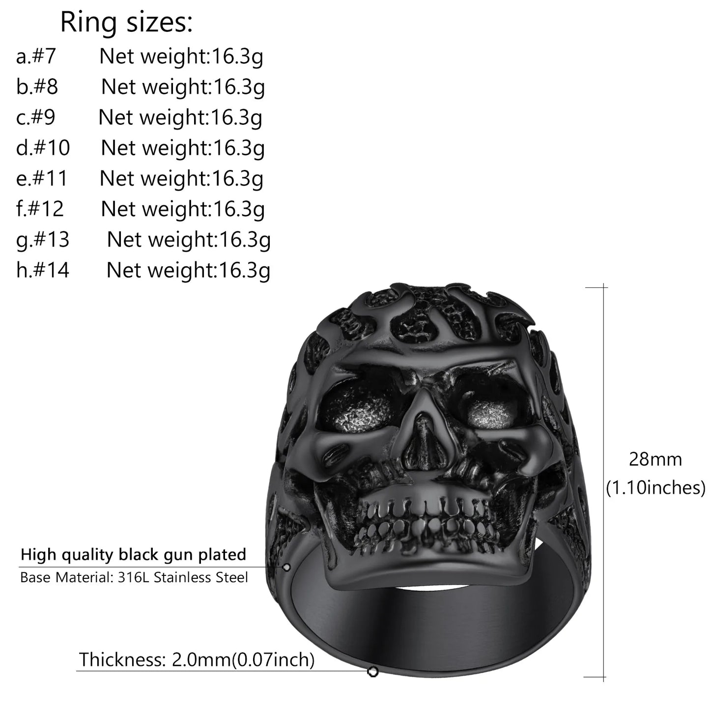 ChainsPro Retro Style Stainless Steel 3D Embossed Fire Flame Head Skeleton Skull Rings for Man Sizes 7-14 Gothic Punk Jewelry