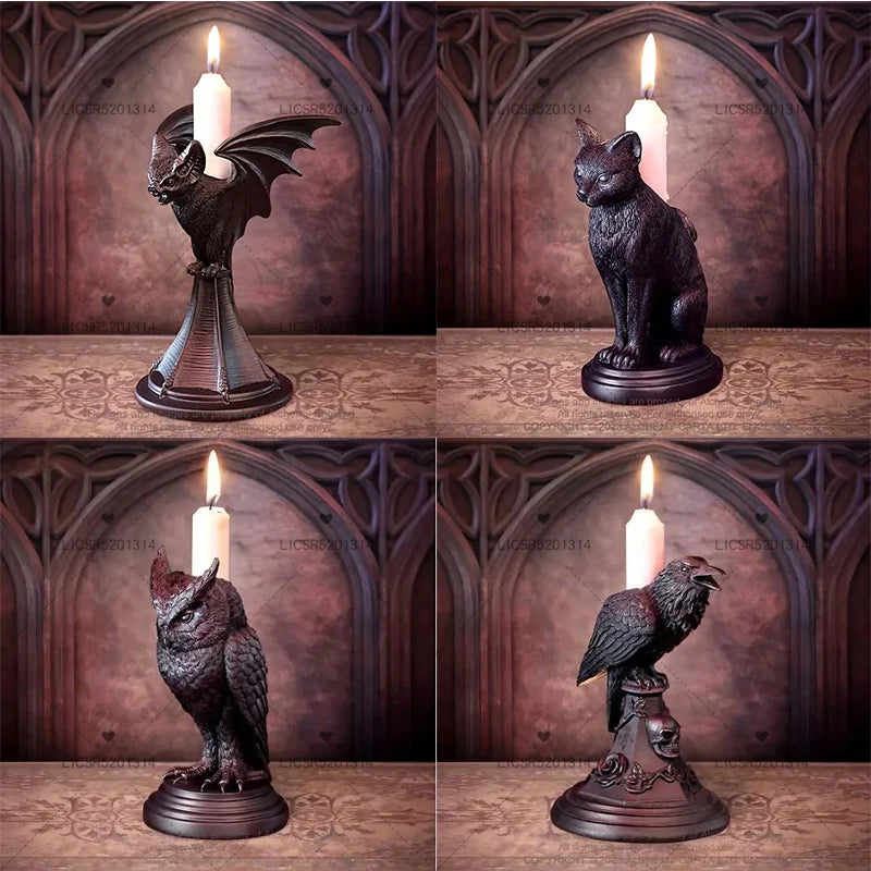 Creative Retro Gothic Black Crow Candle Holder Halloween Statue Owl Bat Cat Shape Resin Sculpture Craft Ornament Home Decoration