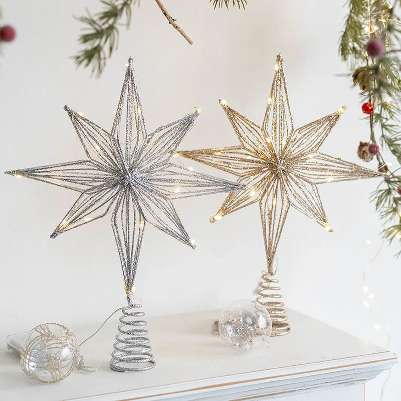 Christmas Star Tree Topper with Warm White Lights Pre-lit Glittered Star Treetop Lighted Xmas Treetop for Home Decorations