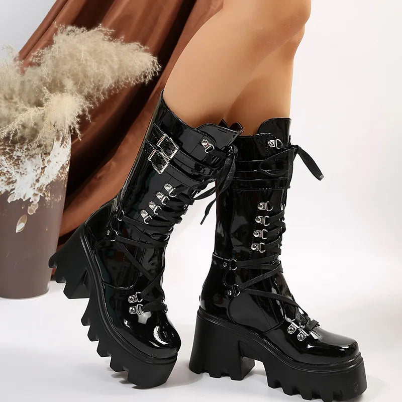 2023 New Punk Motorcycle Boots Women Patent Leather Wedges Platform Mid Calf Boots Woman Lace-Up Chunky Heel Gothic Botas Mujer