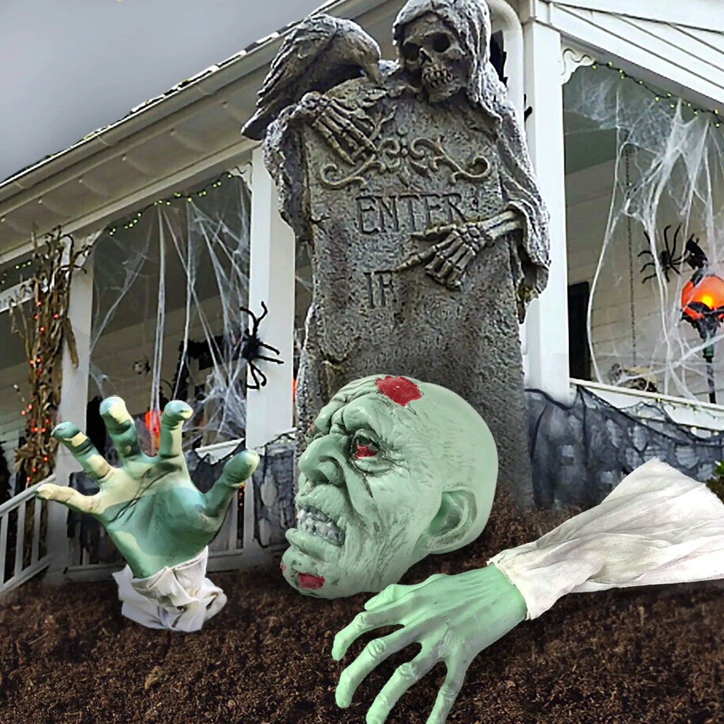 Halloween Decor Realistic Zombie Face and Arms Lawn Stakes, Skeleton Bone Head and Hands, Garden Yard Graveyard