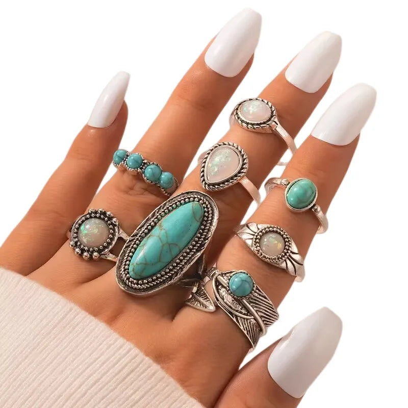 50pcs/Lot Wholesale New Big Opal Stone Finger Rings For Women Bohemia White Enamel Acrylic Water Drop Carved Hollow Jewelry Girl