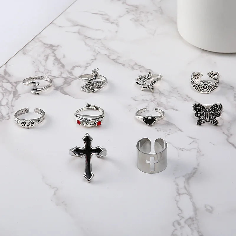 LATS Vintage Silver Plated Cross Ring for Women Gothic Punk Steampunk Crying Face Butterfly Frog Ring Sets Party Fashion Jewelry