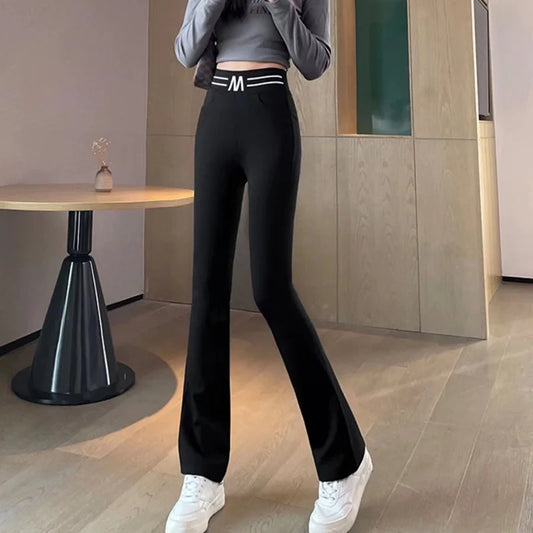 2023 Autumn New All-match Letter Black Elastic Waist Flare Ladies Casual Patchwork Solid Color High Waist Straight Slim Trousers