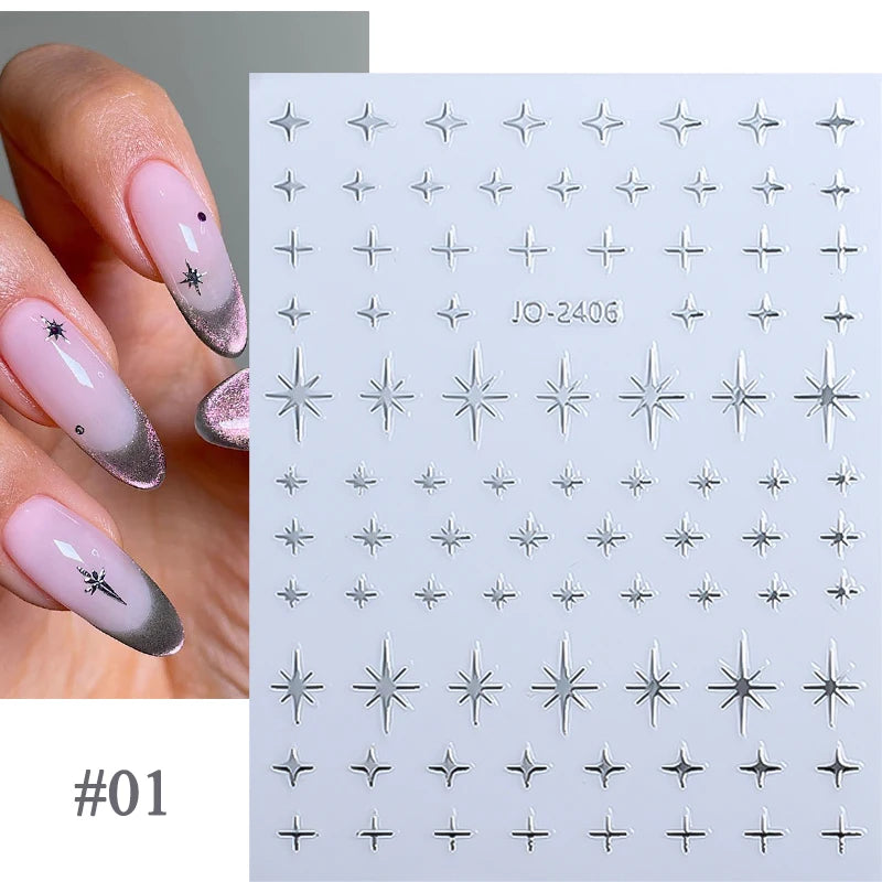 Sliver Stars Nails Stickers 3D Laser Stylish Adhesive Nail Sticker Manicure Decoration Nail Stickers for Nails Nail charms