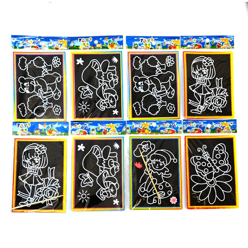 Children's Colorful Scraping Painting DIY Making Scratch Art Paper Magic Painting Paper with Drawing Stick Toys Game Kids