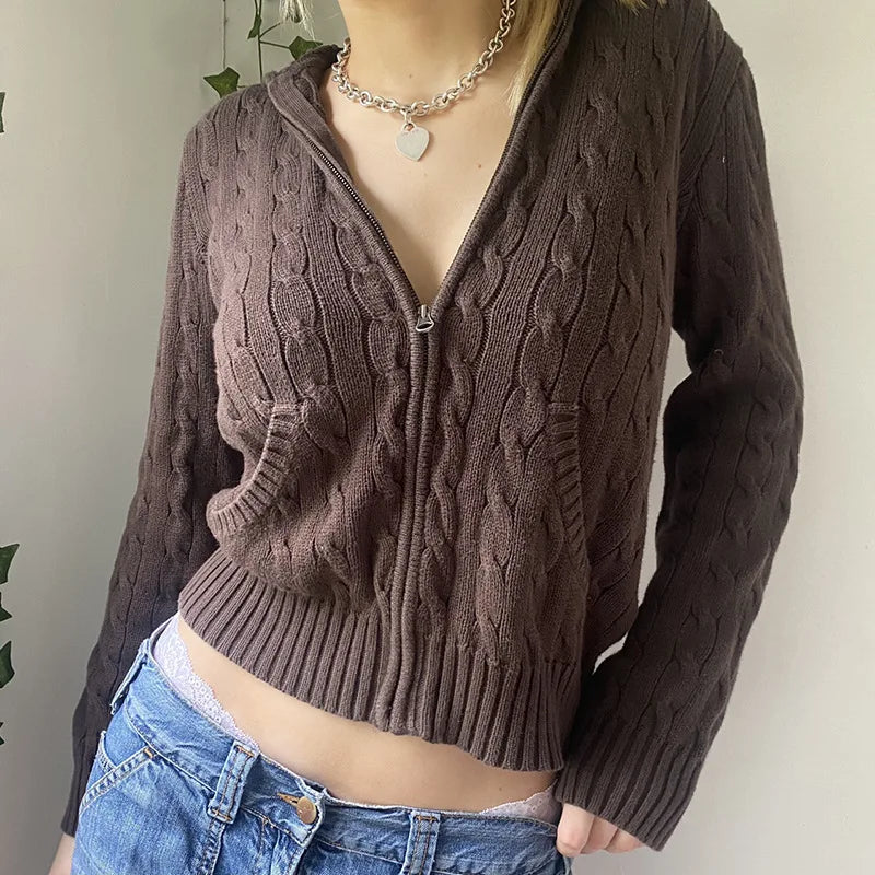 Vintage Brown Y2K Hooded Sweaters Women 2023 Autumn Winter Lantern Sleeve Zip Up Jacket Knitted Hoodies Cropped Cardigan Top