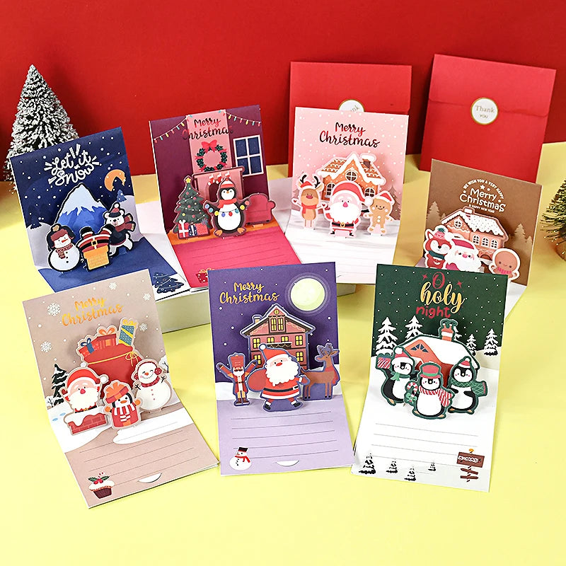 1set Merry Christmas 3D Pop UP Greeting Cards With Envelope Christmas Thank You Invitation Blessing Postcard New Year Xmas Noel